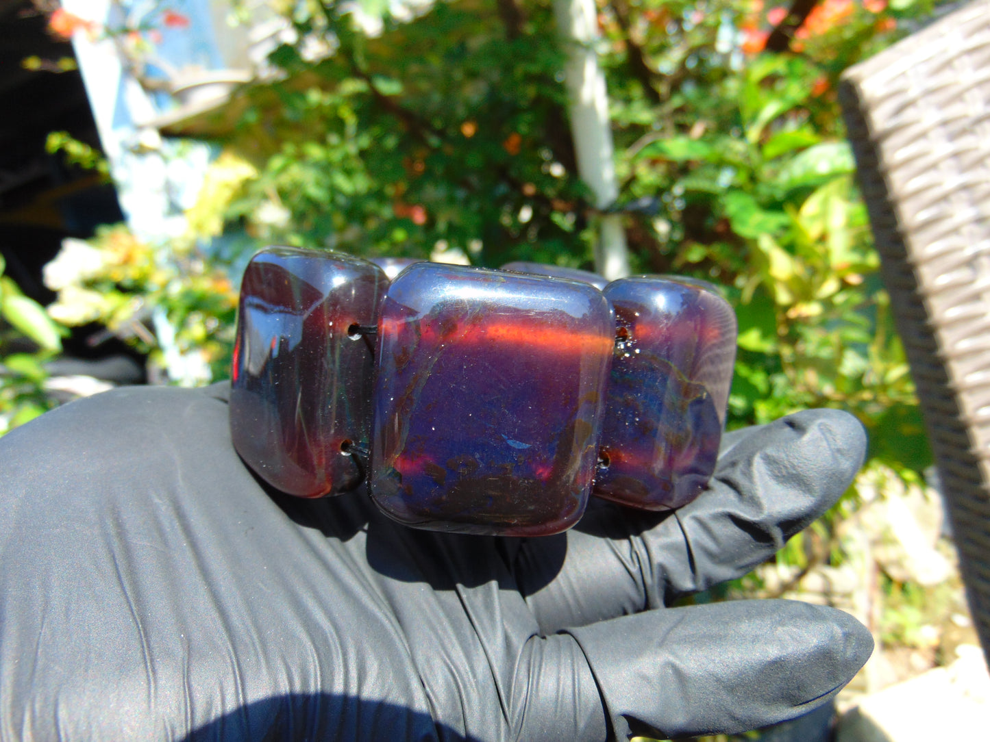 153 gr 7 Square Beads Bangle Indonesian Sumatra Dark Blue Amber for Healing FR126