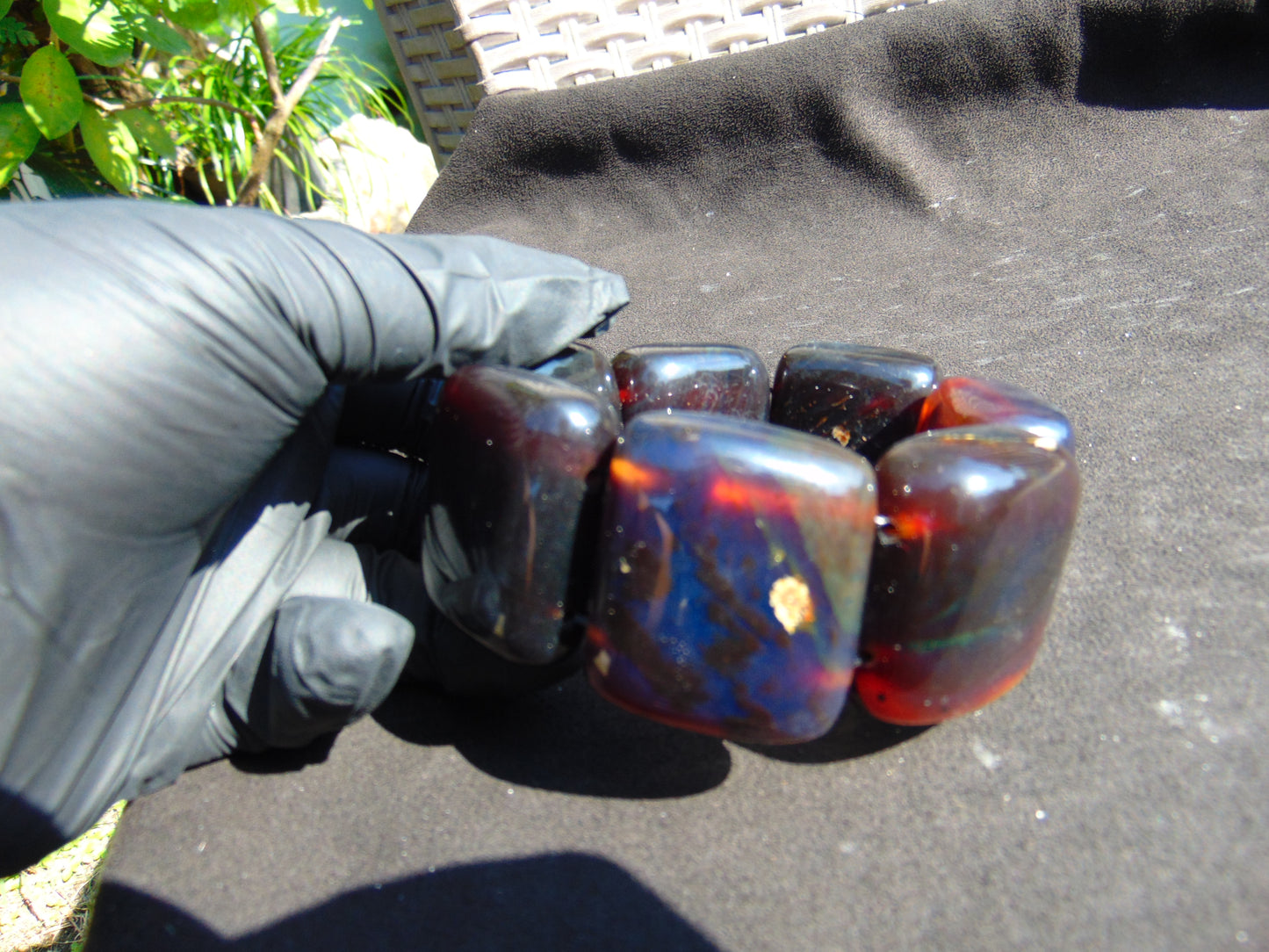 146 gr 7 Square Beads Bangle Indonesian Sumatra Dark Blue Amber for Healing FR125