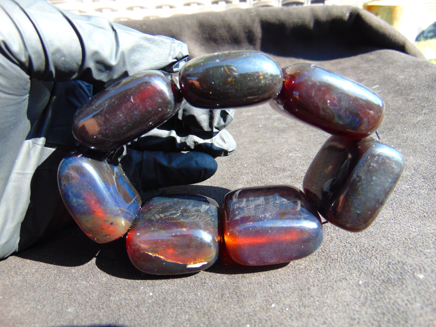 146 gr 7 Square Beads Bangle Indonesian Sumatra Dark Blue Amber for Healing FR125