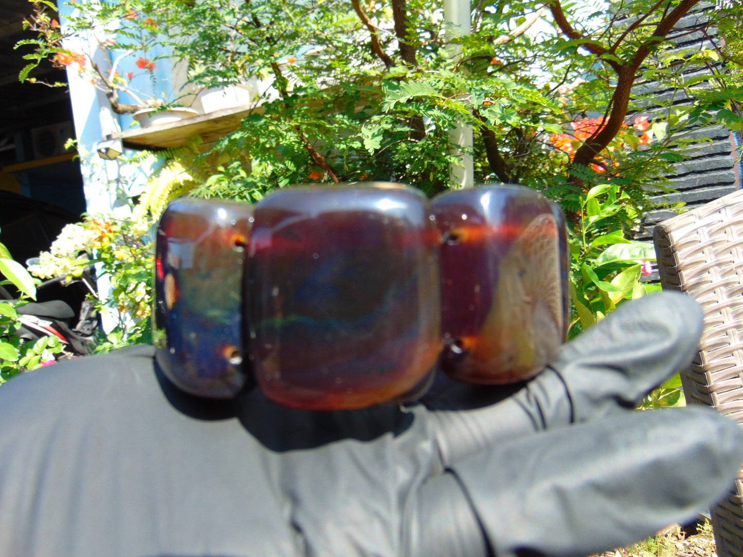 146 gr 7 Square Beads Bangle Indonesian Sumatra Dark Blue Amber for Healing FR125