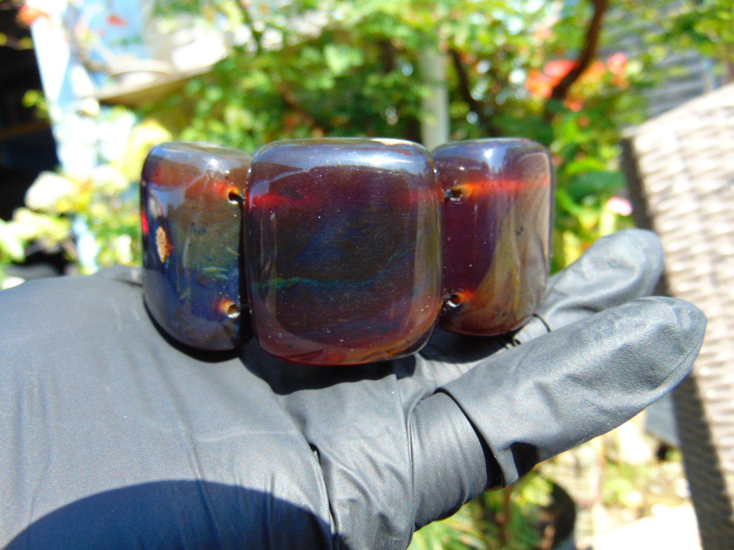 146 gr 7 Square Beads Bangle Indonesian Sumatra Dark Blue Amber for Healing FR125
