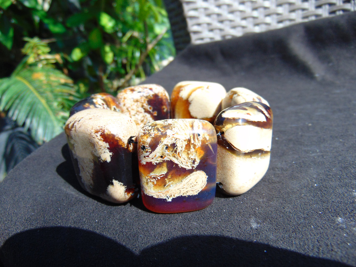 128 gr 7 Square Beads Bangle Indonesian Sumatra White Blue Amber for Healing FR130