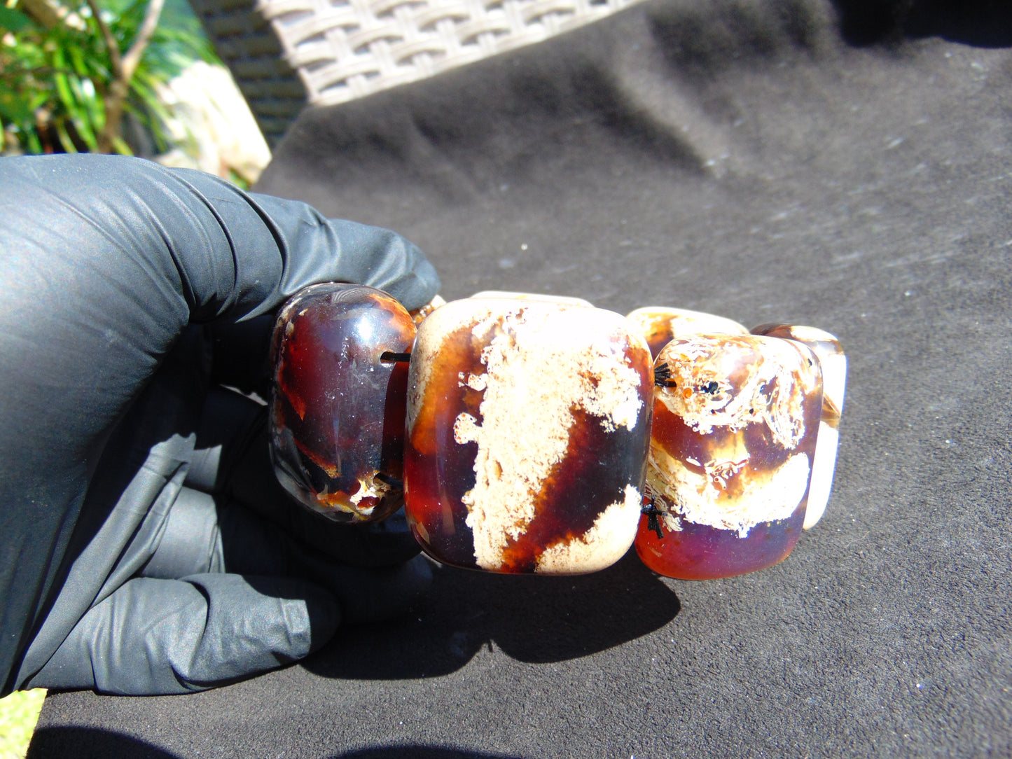 128 gr 7 Square Beads Bangle Indonesian Sumatra White Blue Amber for Healing FR130