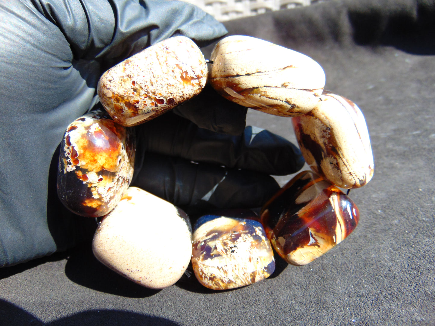 128 gr 7 Square Beads Bangle Indonesian Sumatra White Blue Amber for Healing FR130