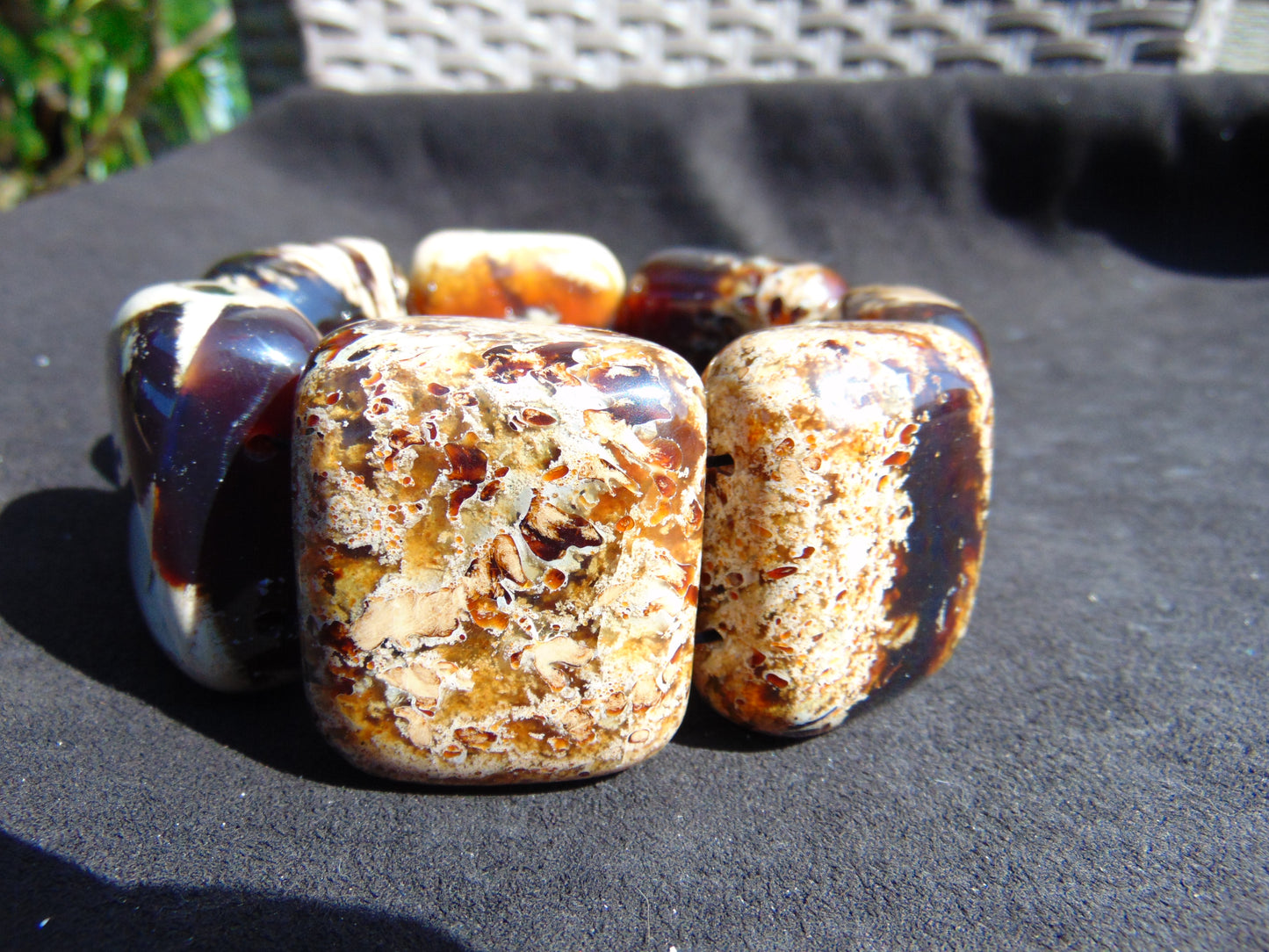164 gr 7 Square Beads Bangle Indonesian Sumatra White Blue Amber for Healing FR131