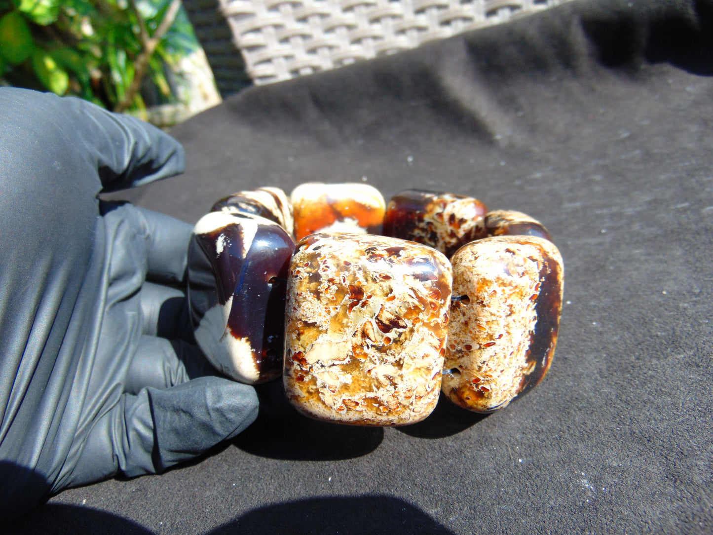164 gr 7 Square Beads Bangle Indonesian Sumatra White Blue Amber for Healing FR131