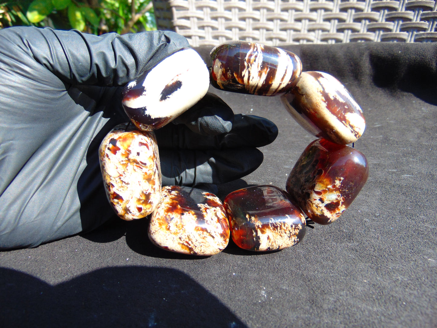 164 gr 7 Square Beads Bangle Indonesian Sumatra White Blue Amber for Healing FR131