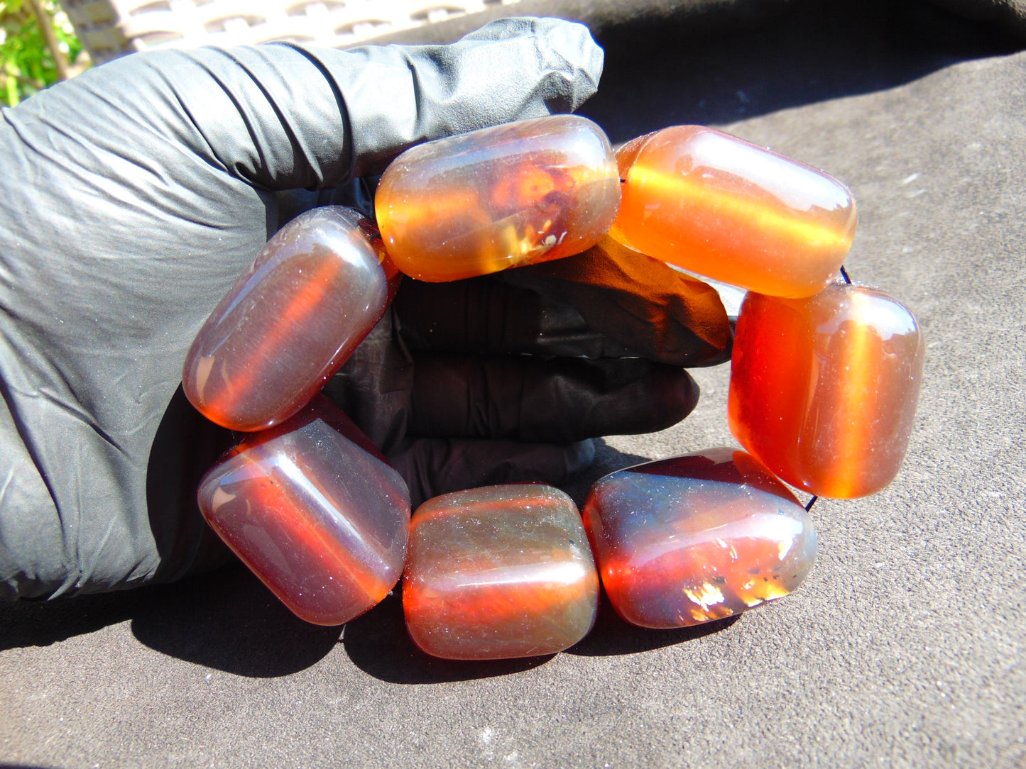 155 gr 7 Square Beads Bangle Indonesian Sumatra Red Purple Amber for Healing FR133