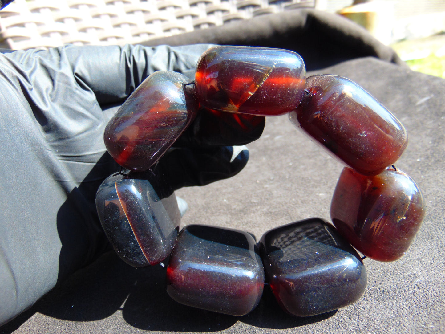 142 gr 7 Square Beads Bangle Indonesian Sumatra Dark Purple Amber for Healing FR132
