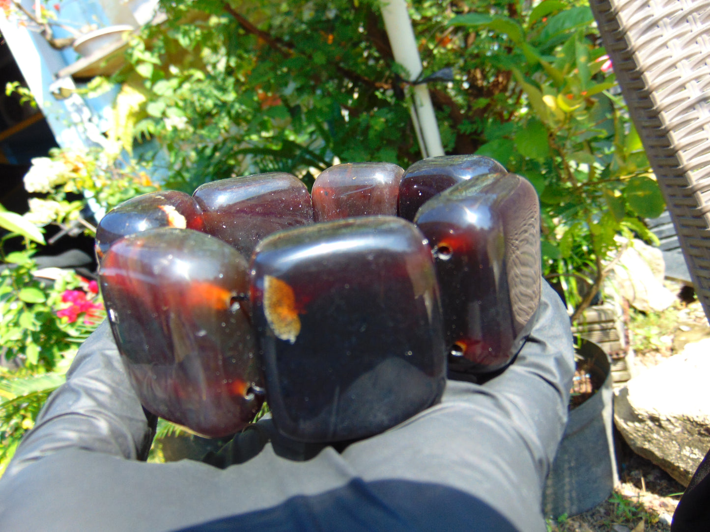 142 gr 7 Square Beads Bangle Indonesian Sumatra Dark Purple Amber for Healing FR132