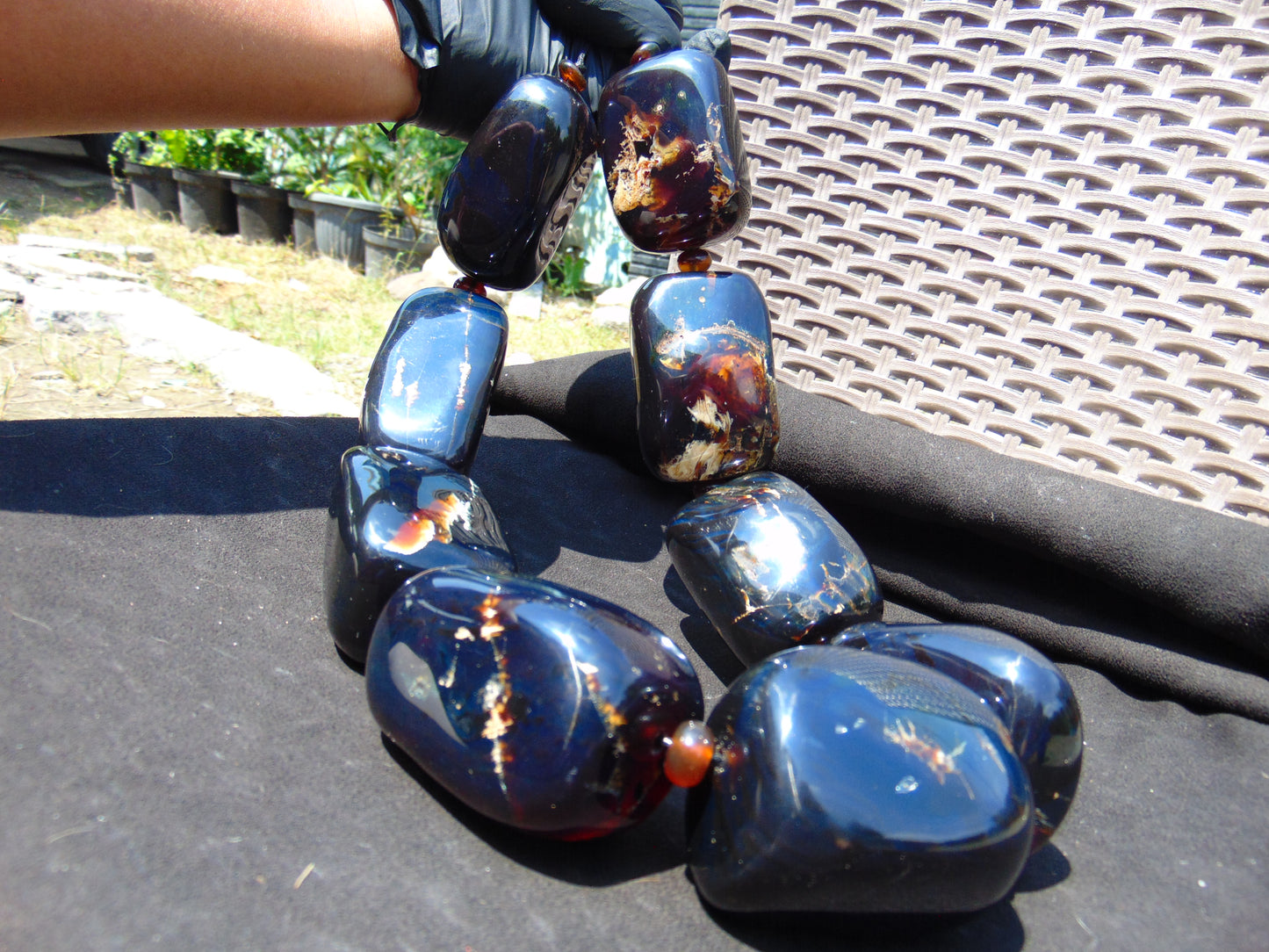 936 gr Big beads Necklace Indonesian Black blue Amber for Healing NEC257