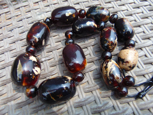 162 gram Small Beads Combination Necklace Indonesian Cherry Red Blue Amber for Healing NO.5