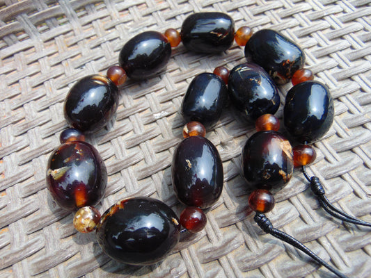 204 gram Small Beads Combination Necklace Indonesian Dark Blue Amber for Healing NO.14