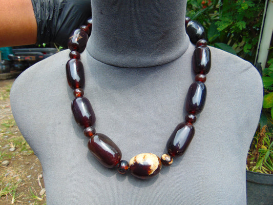 129 gram Small Beads Combination Necklace Indonesian Cherry Red Blue Amber for Healing NO.2