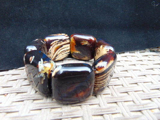 107 gr 7 Square Beads Bangle Indonesian Black Blue Amber for Healing 26BE10