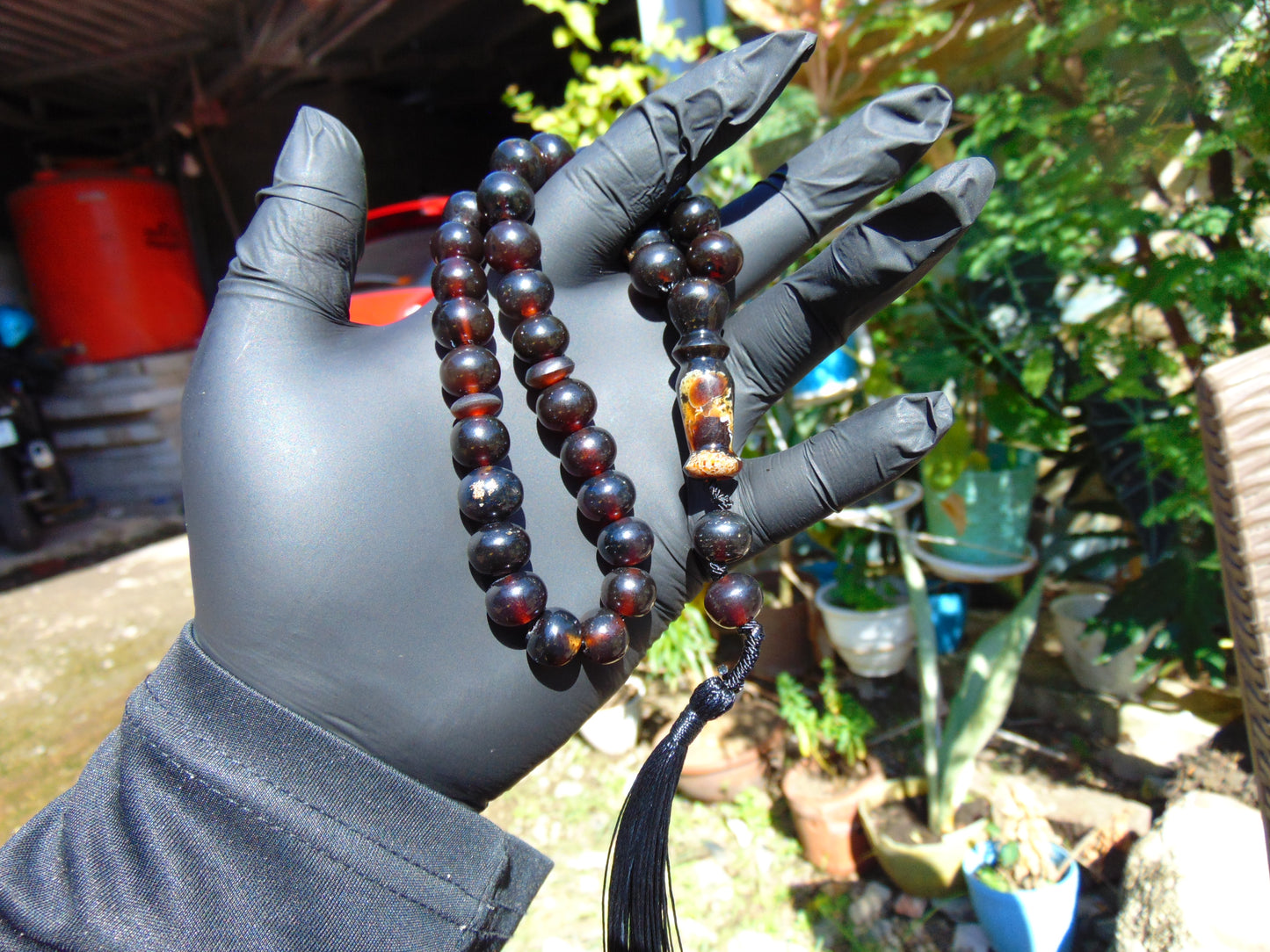 28 gr Hand Tasbih Mesbah Rosary 33+2 Beads 16 mm Indonesian Black Red Amber for Healing 26TBA01