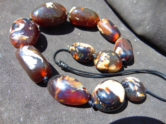 129 gr 11 beads Big Necklace Indonesian dark blue Amber for Healing