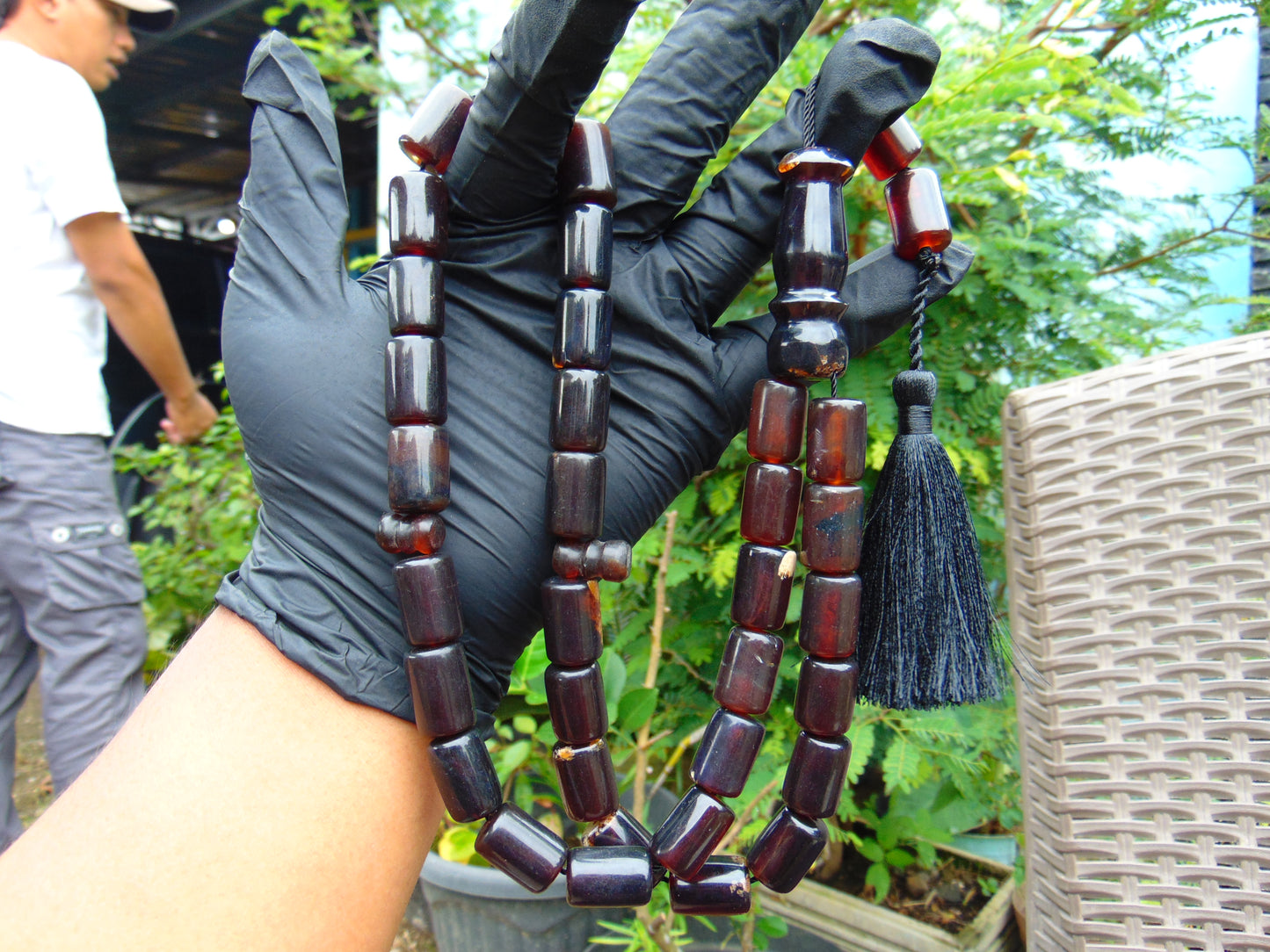 77 gr Komboloi Rosary 33+2 Beads 12x18 mm Indonesian Black Red Amber for Healing TT31