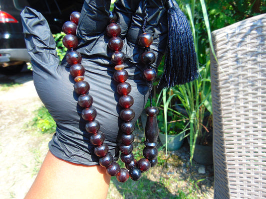 48 gr Hand Tasbih 36 Beads Mesbah Rosary Indonesian Dark Red Amber 13 mm for Healing No.024