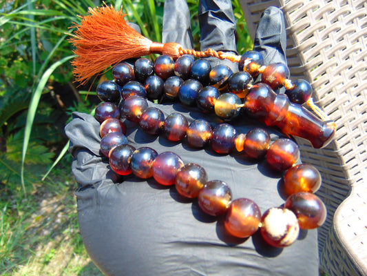 47 gr Hand Tasbih 35 Beads 12 mm Indonesian Black Blue Amber for Healing No.28