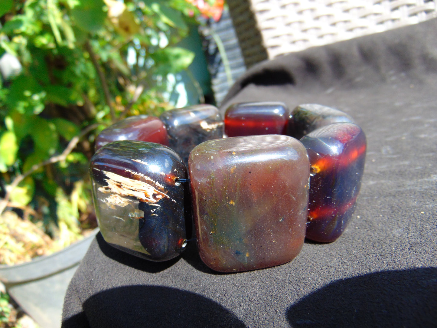 154 gr 7 Square Beads Bangle Indonesian Red Purple Amber for Healing FBK4