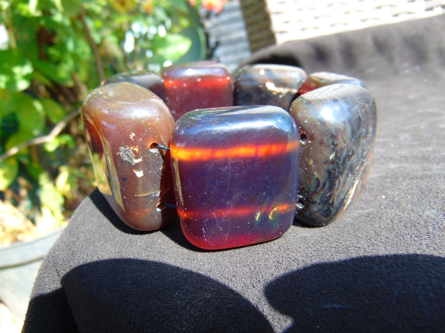154 gr 7 Square Beads Bangle Indonesian Red Purple Amber for Healing FBK4