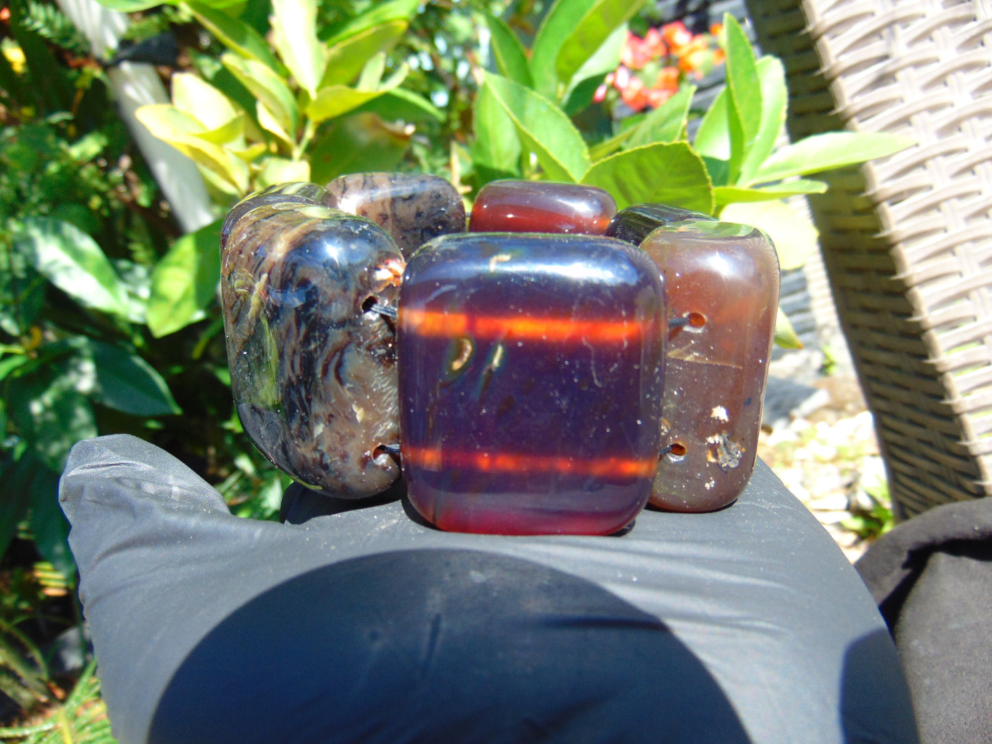 154 gr 7 Square Beads Bangle Indonesian Red Purple Amber for Healing FBK4