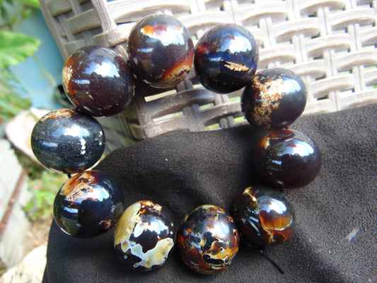 99 gram 10 Beads Mala Bracelet Indonesian Black Blue Amber 25 mm for Healing FRB41