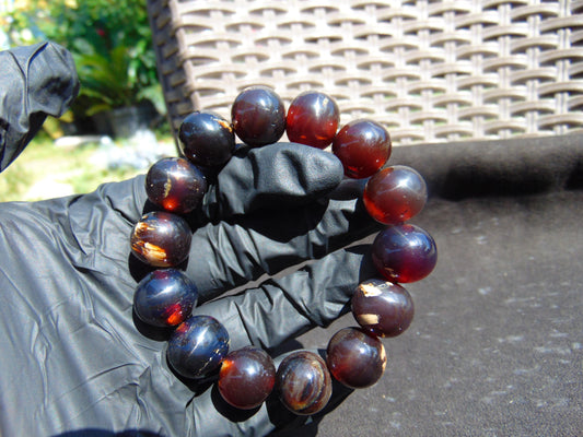 34 gram 14 Beads Mala Bracelet Indonesian Dark Blue Cherry Red Amber 16 mm for Healing FRB17