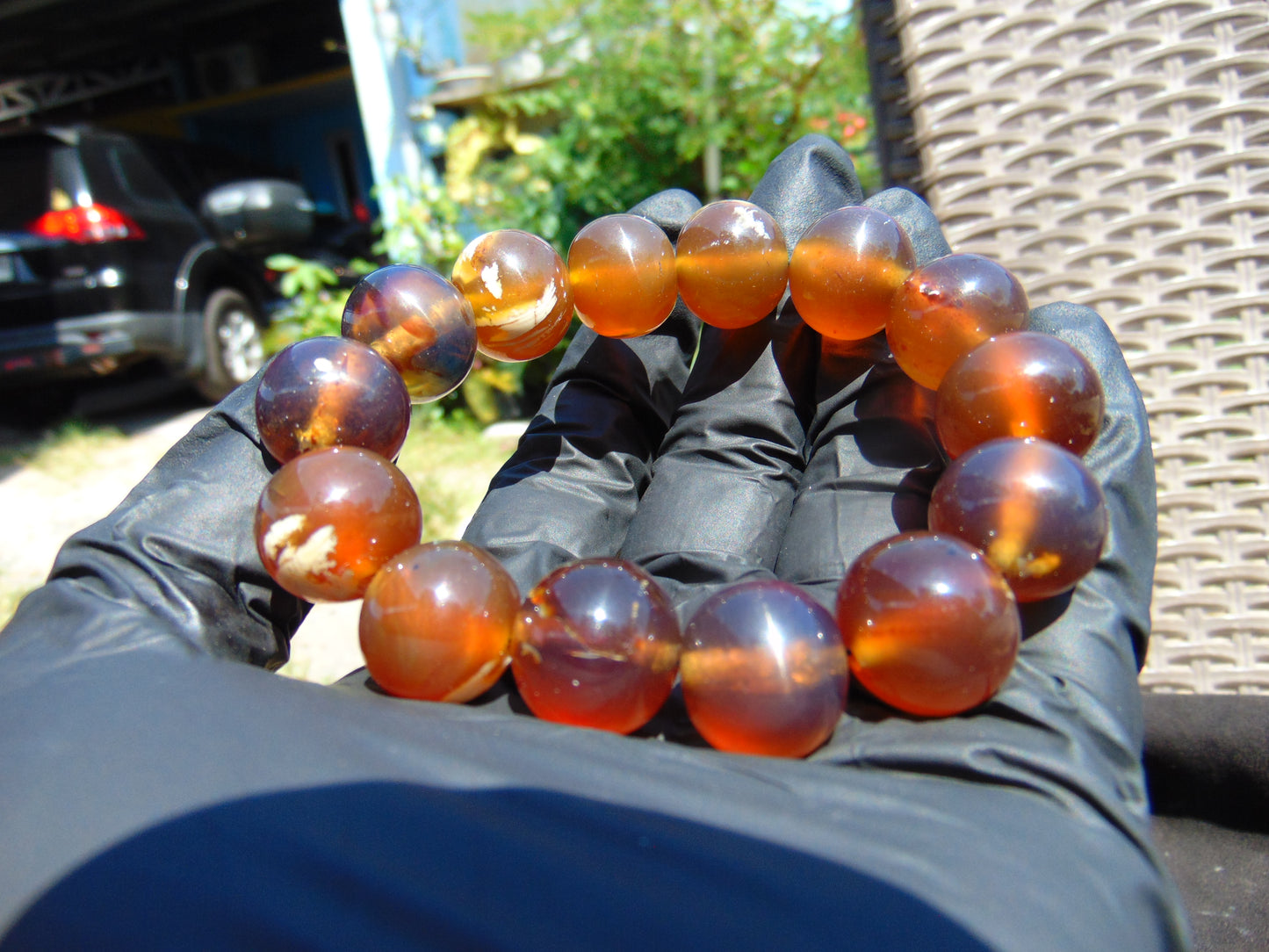 32 gram 14 Beads Mala Bracelet Indonesian Blue Yellow Amber 16 mm for Healing FRB2