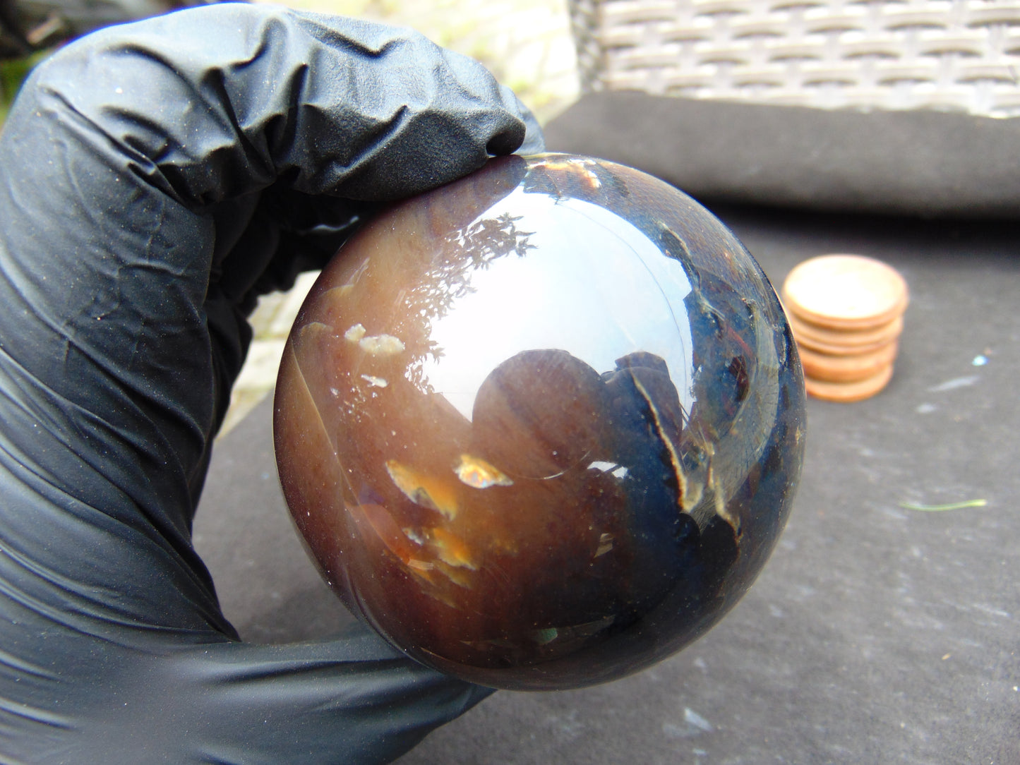 189 gr Sphere Ball 70 mm Indonesian Brown Blue Amber for Healing AJ1090