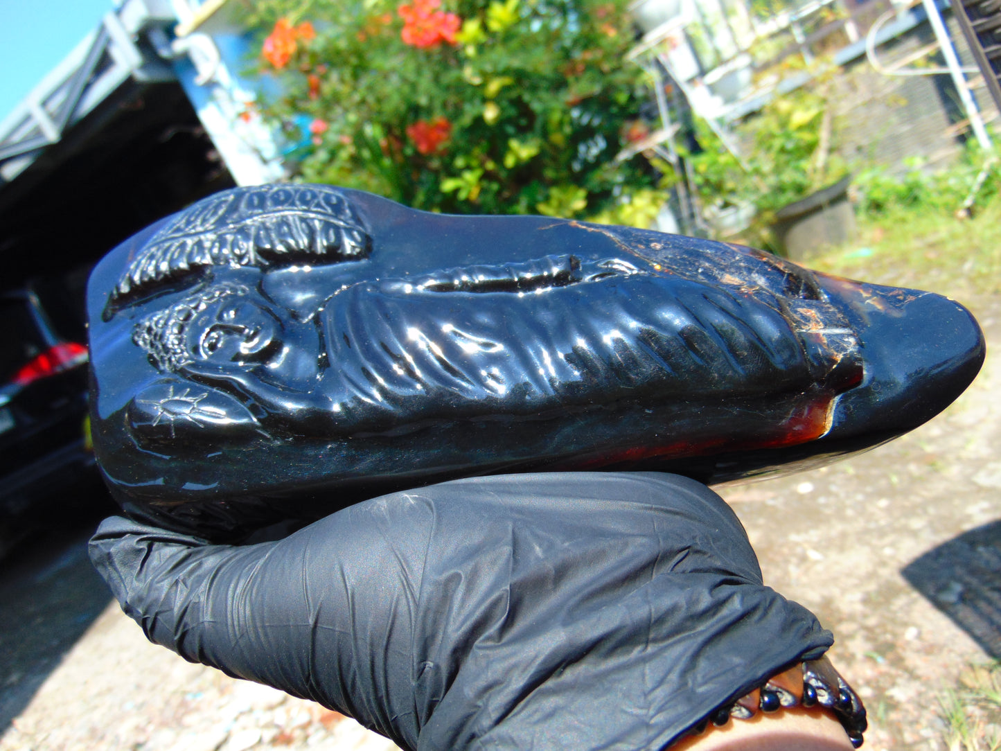 603 gr Sleep Buddha under bodhi tree 220x100x50 mm Indonesia Black Amber AJ82
