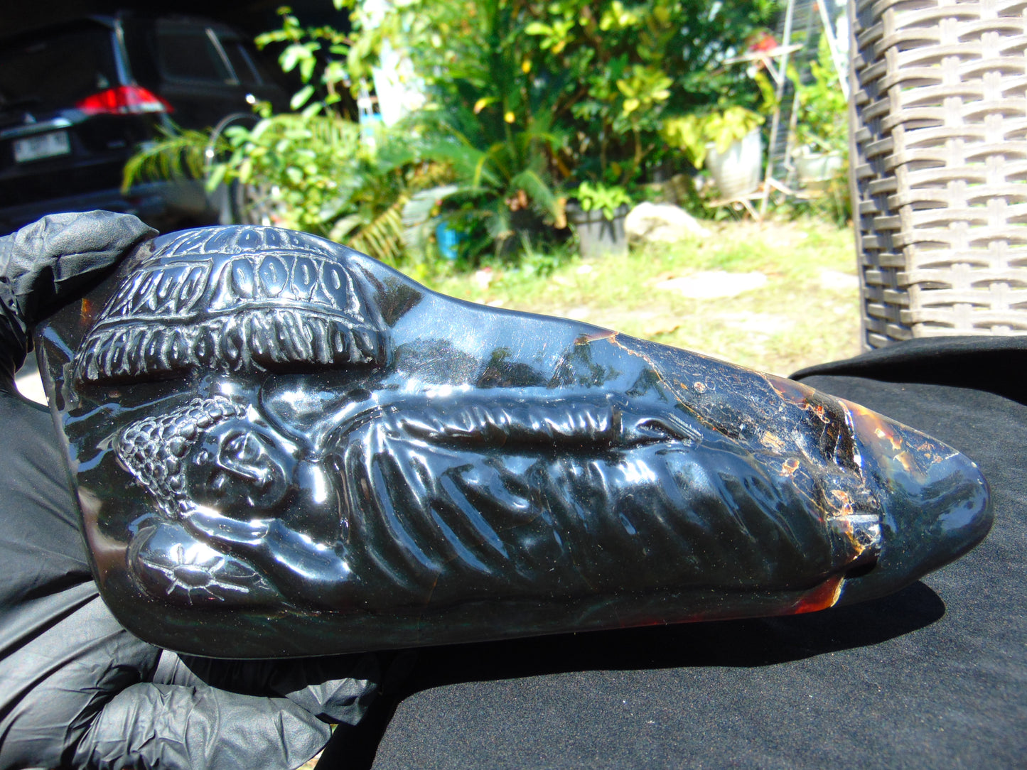 603 gr Sleep Buddha under bodhi tree 220x100x50 mm Indonesia Black Amber AJ82