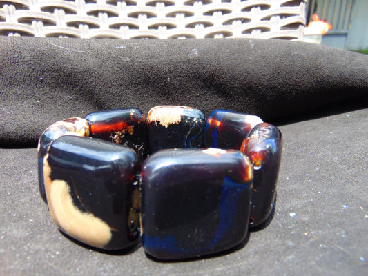 111 gr 7 Square Beads Bangle Indonesian Black Blue Amber for Healing A7G34