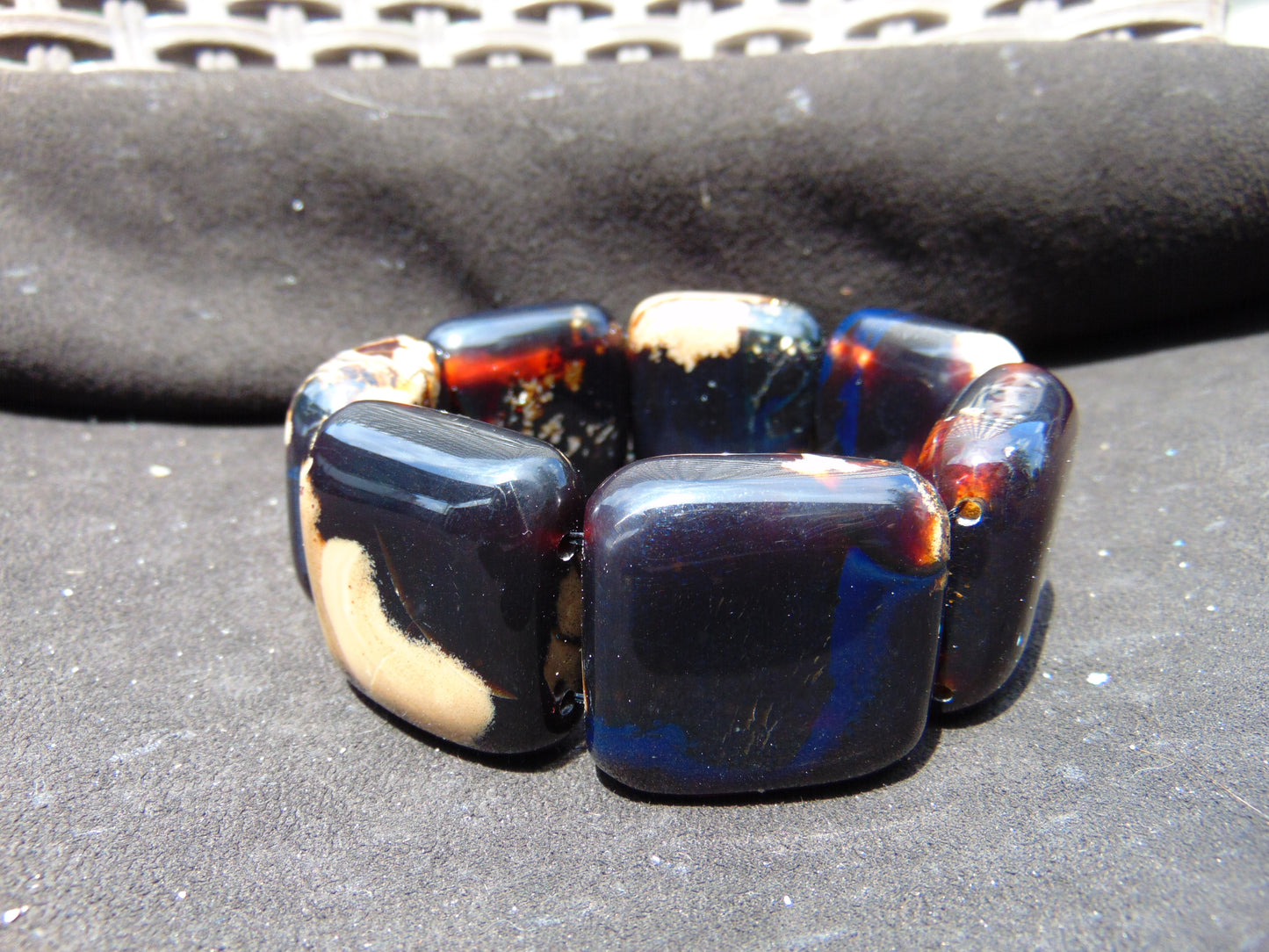 111 gr 7 Square Beads Bangle Indonesian Black Blue Amber for Healing A7G34
