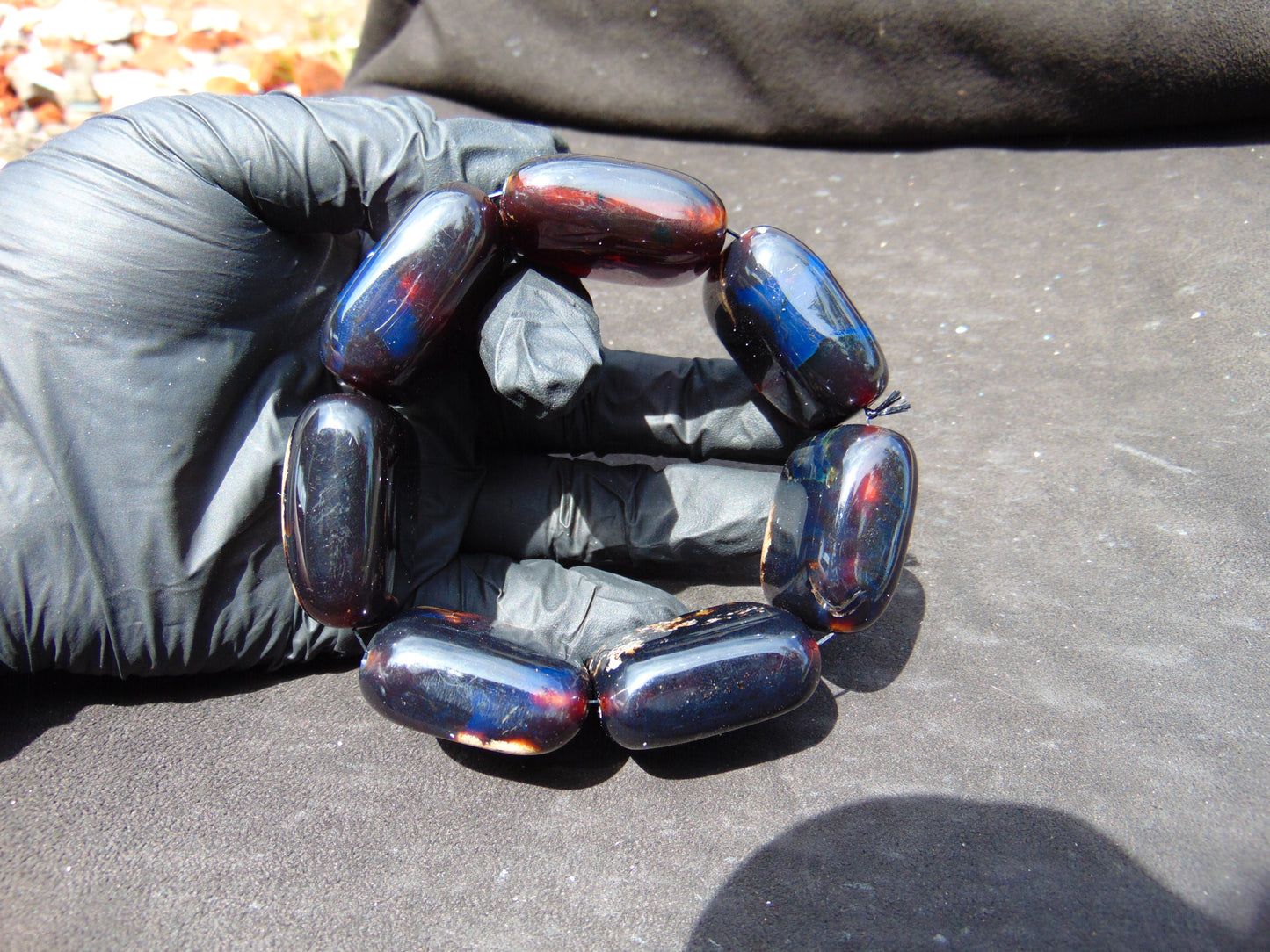 111 gr 7 Square Beads Bangle Indonesian Black Blue Amber for Healing A7G34