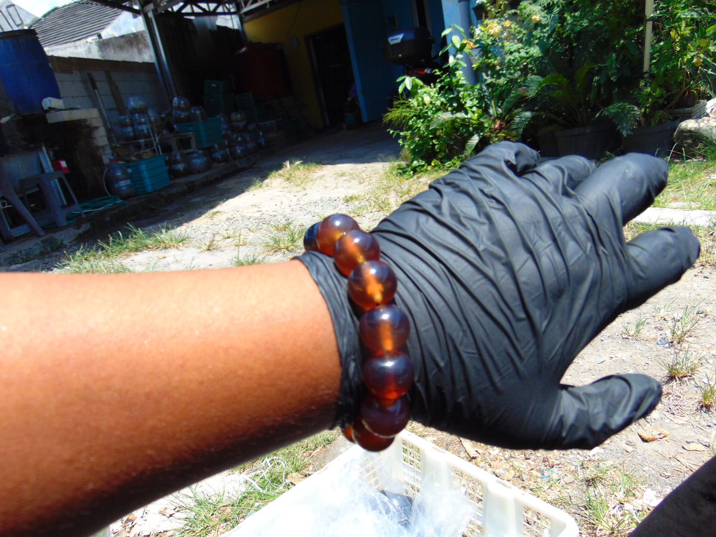 34 gram 14 Beads Mala Bracelet Indonesian Honey Blue Amber 16 mm for Healing B15M5