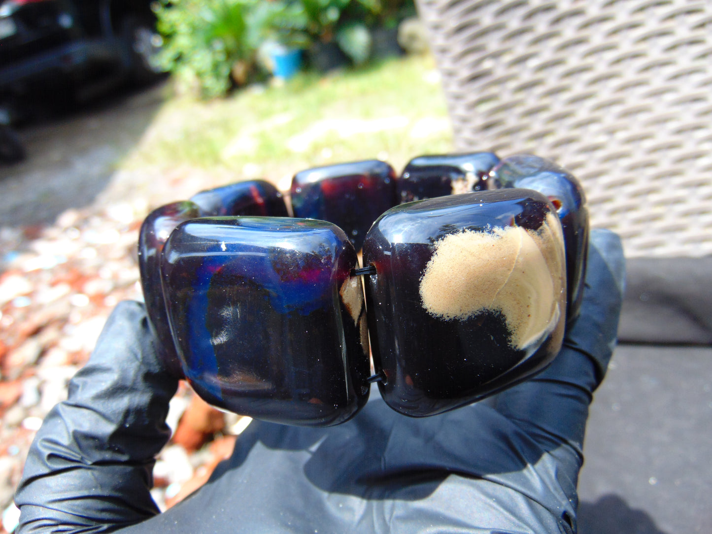 111 gr 7 Square Beads Bangle Indonesian Black Blue Amber for Healing A7G34