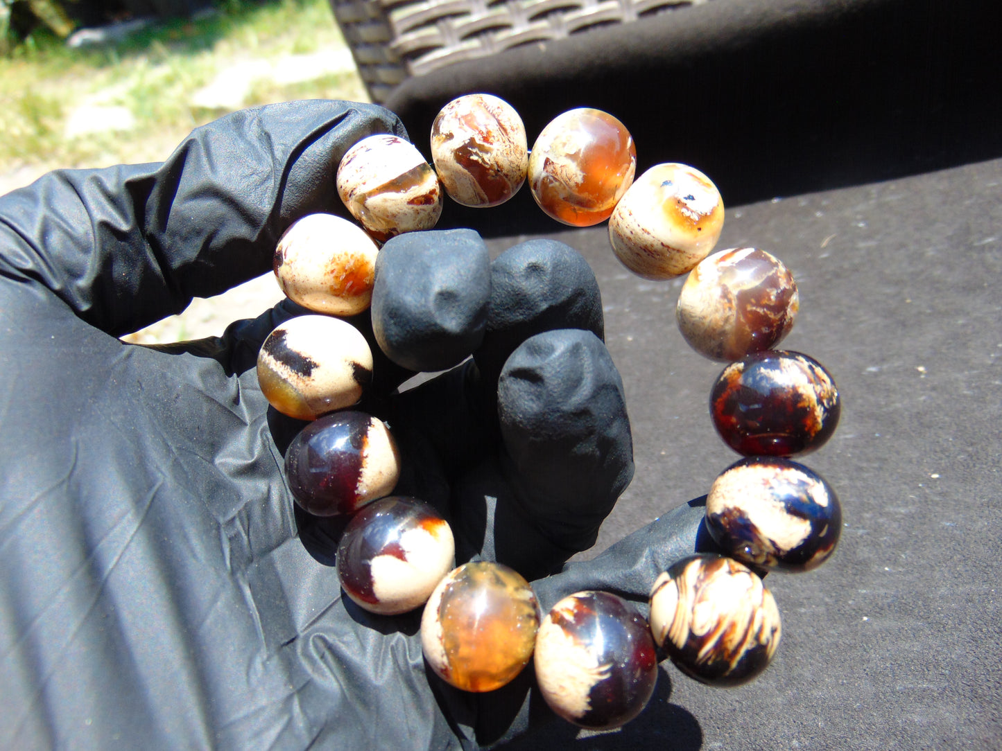 34 gram 14 Beads Mala Bracelet Indonesian white Blue Amber 16 mm for Healing B15M2