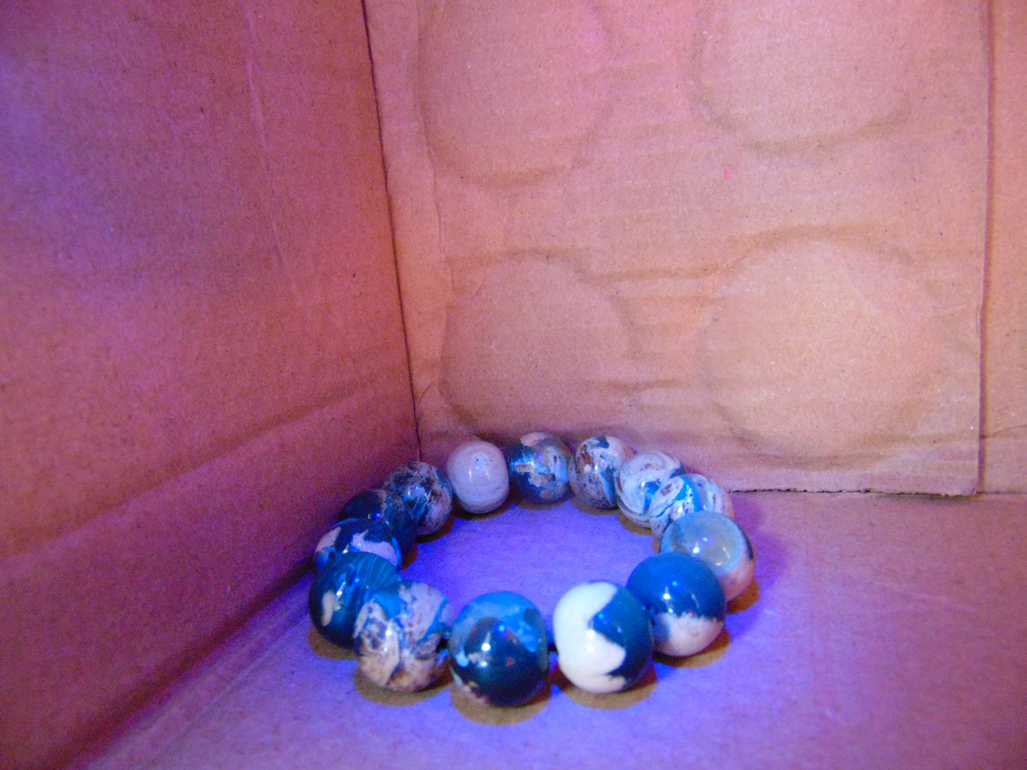34 gram 14 Beads Mala Bracelet Indonesian white Blue Amber 16 mm for Healing B15M2