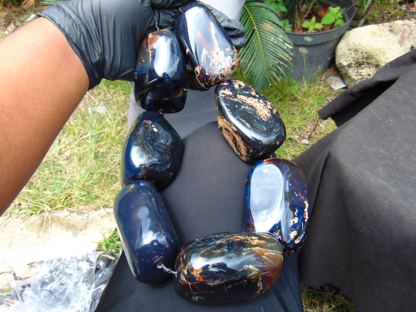 854 gr Big Necklace Indonesian Dark Blue Amber for Healing A7K93