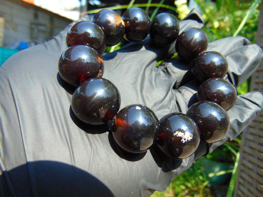 58 gram 12 Beads Mala Bracelet Indonesian Black Red Amber 20 mm for Healing G20B34