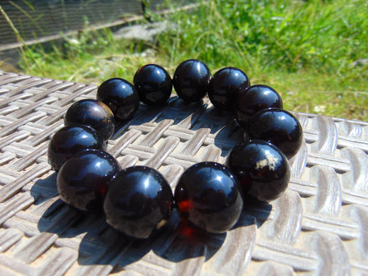 58 gram 12 Beads Mala Bracelet Indonesian Black Red Amber 20 mm for Healing G20B34