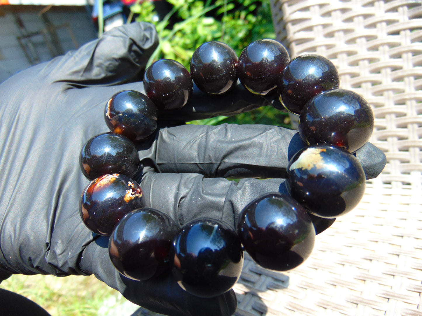 58 gram 12 Beads Mala Bracelet Indonesian Black Red Amber 20 mm for Healing G20B34
