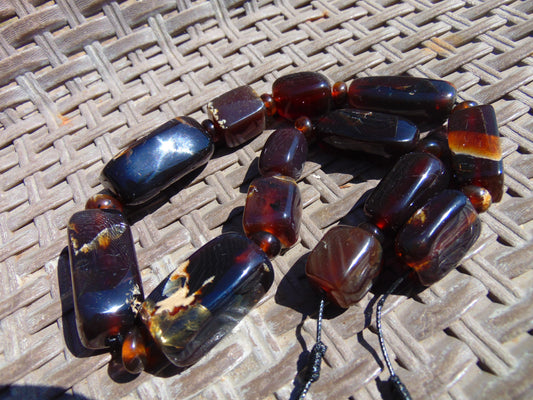 91 gr Small Necklace beads Indonesian Blue Red Amber for Healing 26NA25