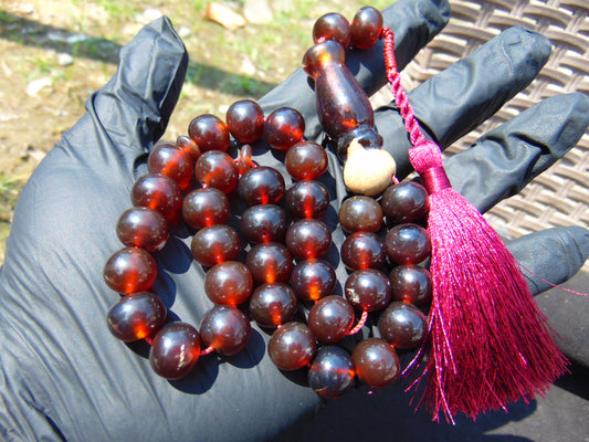 42 gr Hand Tasbih Mesbah Rosary 32 Beads 12 mm Indonesian Cherry Red Amber for Healing BT2