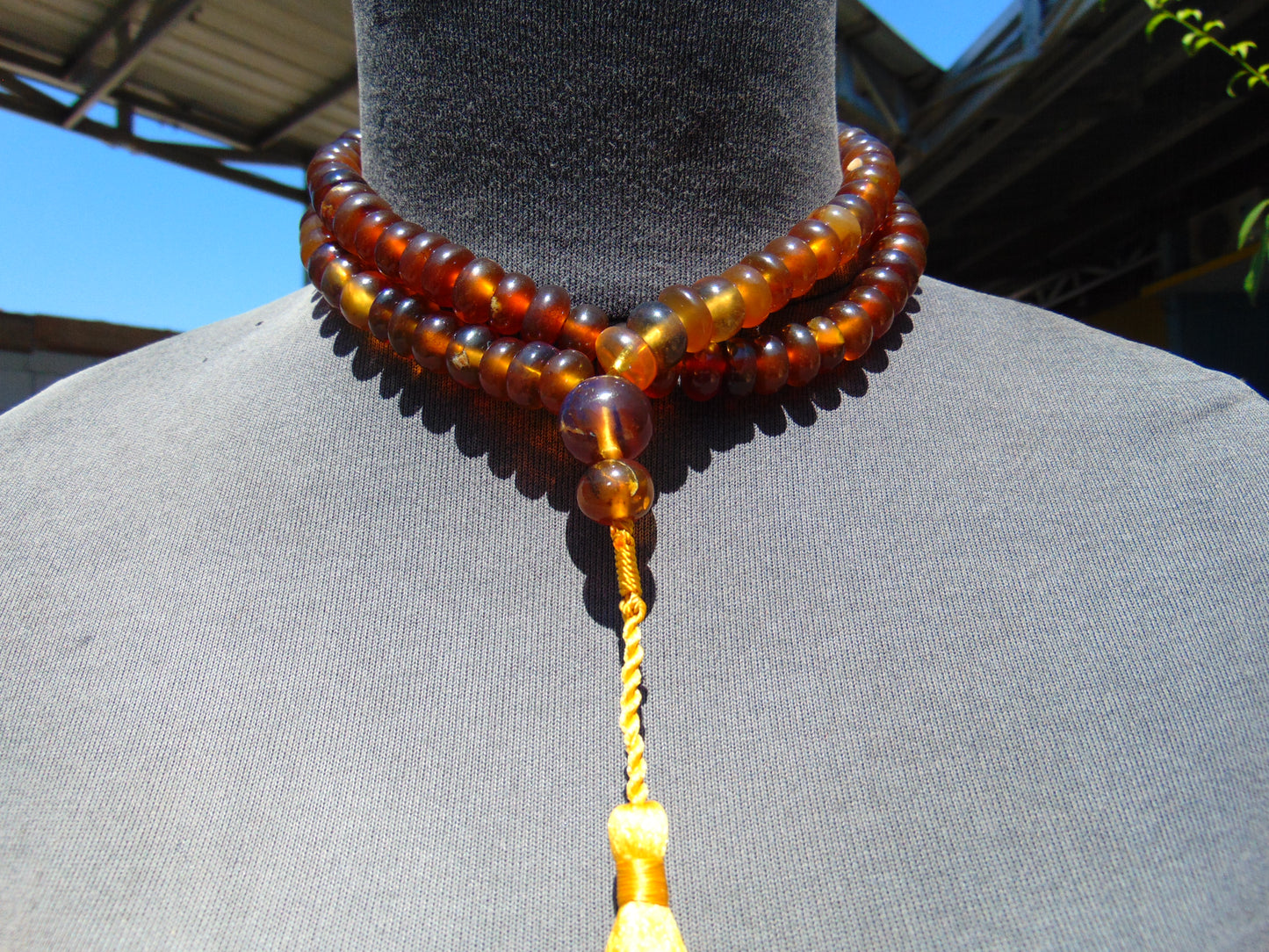 77 gram 108 Beads Rosary Mala Buddha for Yoga and Meditation Indonesian Yellow Blue Amber for Healing MR10