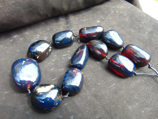221 gr 11 beads Big Necklace Indonesian blue Amber for Healing FRN11