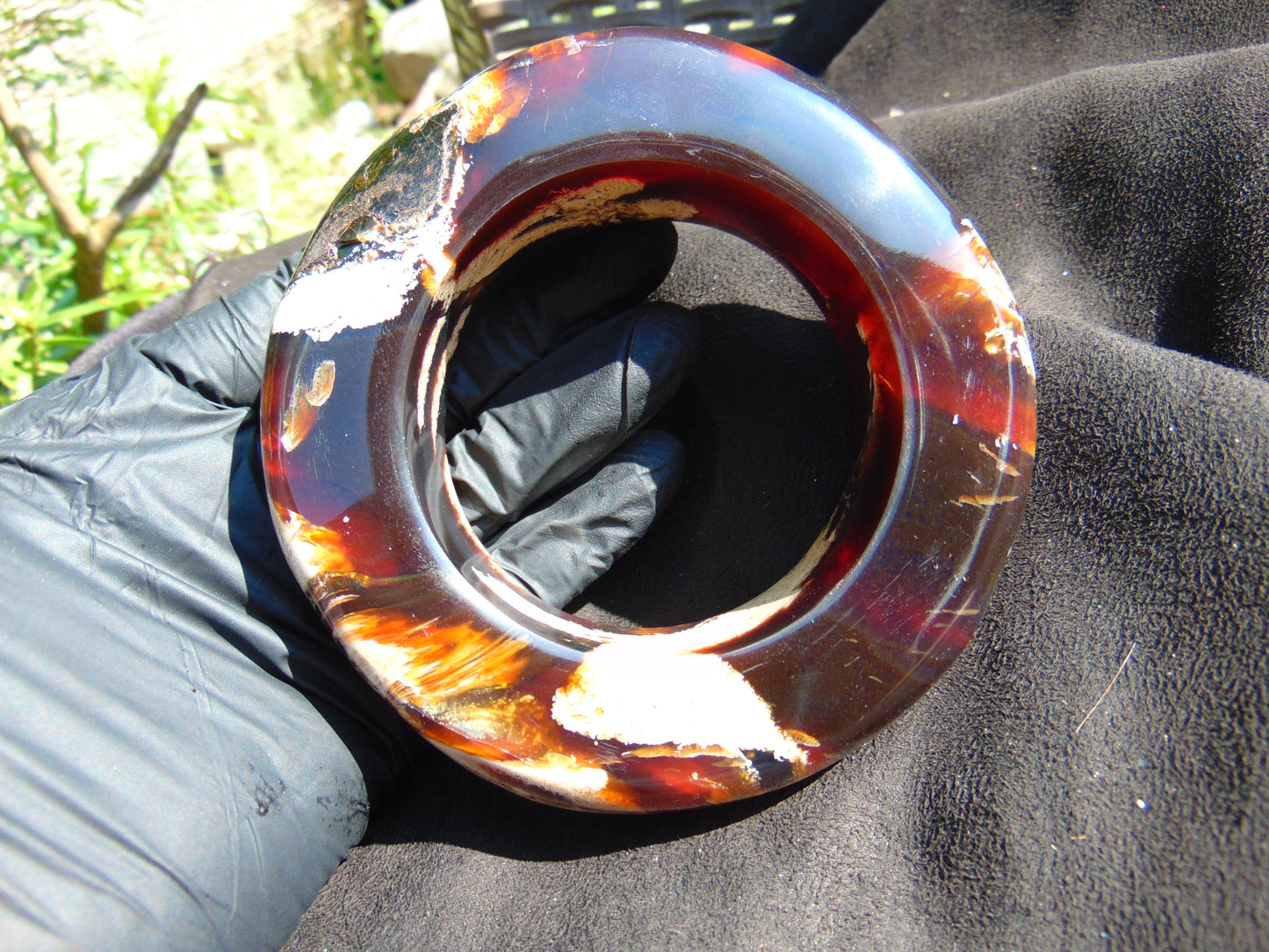 206 gr Big Bangle in hole 70 mm Indonesian Sumatra White Blue Amber for Healing EU35