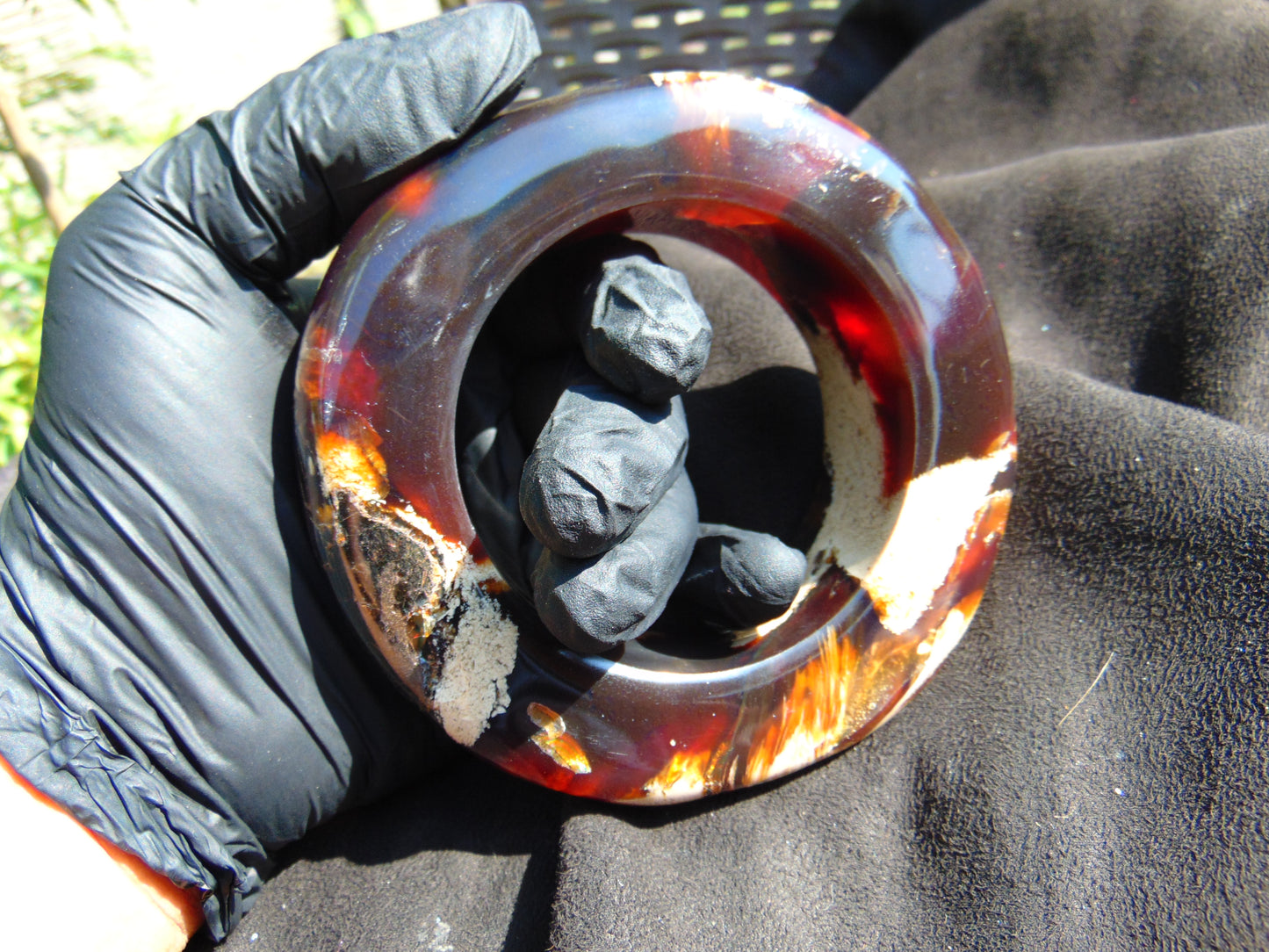 206 gr Big Bangle in hole 70 mm Indonesian Sumatra White Blue Amber for Healing EU35